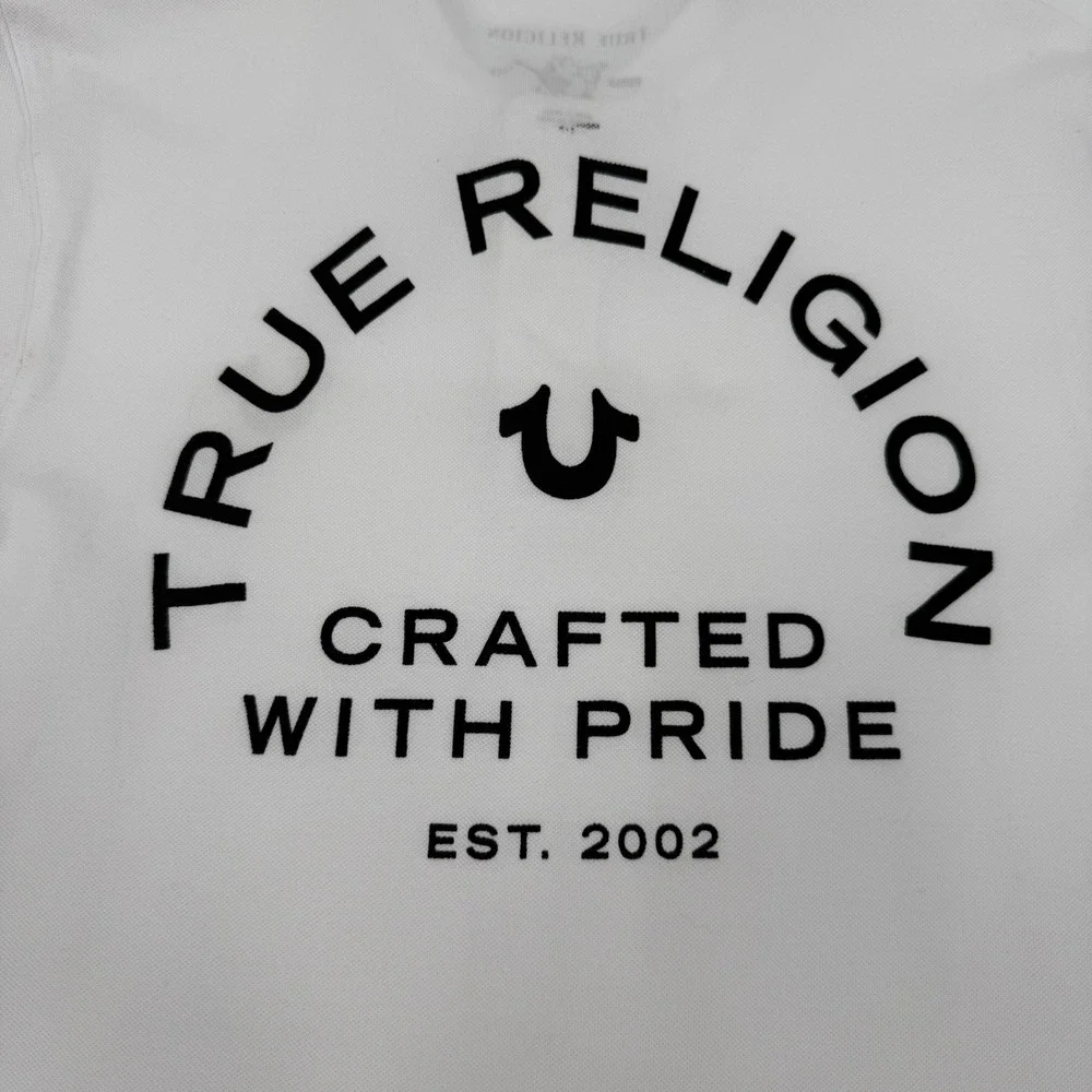 TRUE RELIGION NEW Small Polo Shirt White Graphic Logo Crafted With Pride Y2K
